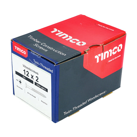 This is an image showing TIMCO Twin-Threaded Woodscrews - PZ - Round - Zinc - 12 x 2 - 200 Pieces Box available from T.H Wiggans Ironmongery in Kendal, quick delivery at discounted prices.