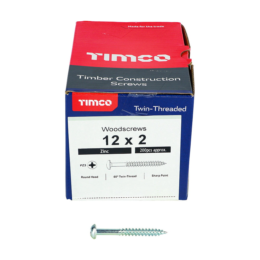 This is an image showing TIMCO Twin-Threaded Woodscrews - PZ - Round - Zinc - 12 x 2 - 200 Pieces Box available from T.H Wiggans Ironmongery in Kendal, quick delivery at discounted prices.