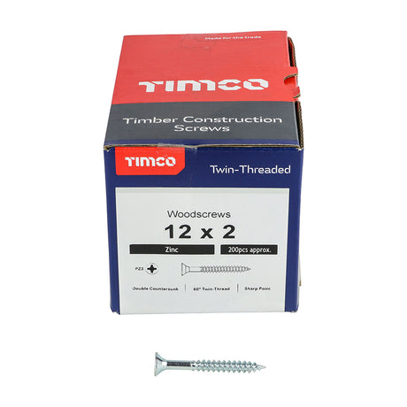 This is an image showing TIMCO Twin-Threaded Woodscrews - PZ - Double Countersunk - Zinc - 12 x 2 - 200 Pieces Box available from T.H Wiggans Ironmongery in Kendal, quick delivery at discounted prices.