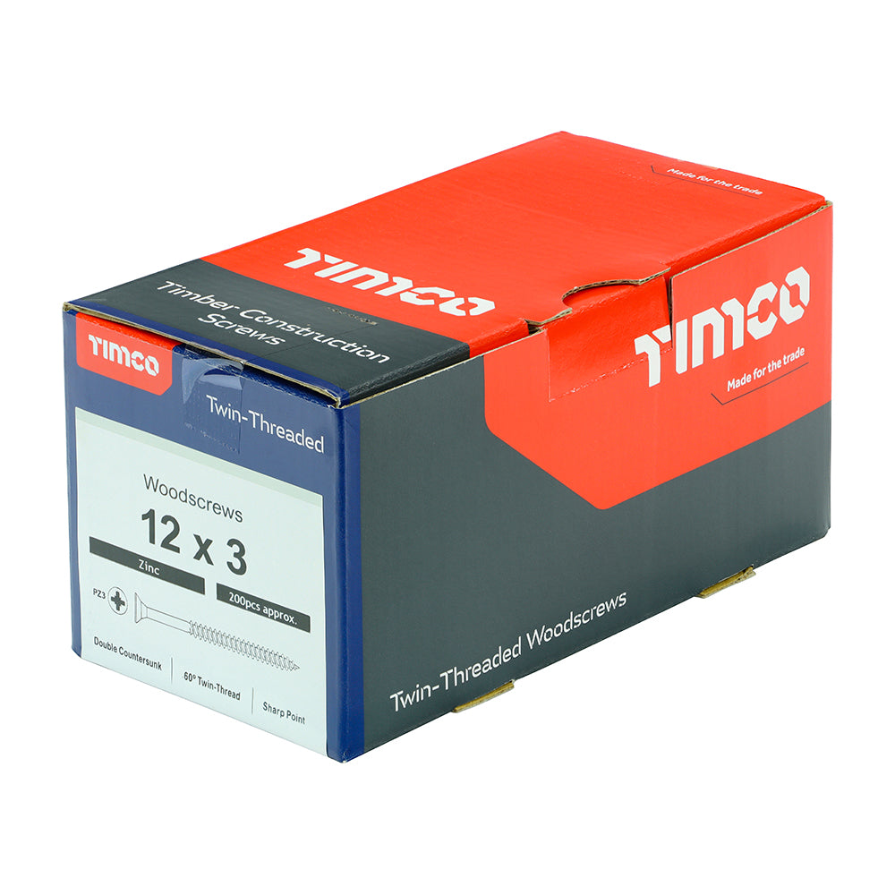 This is an image showing TIMCO Twin-Threaded Woodscrews - PZ - Double Countersunk - Zinc - 12 x 3 - 200 Pieces Box available from T.H Wiggans Ironmongery in Kendal, quick delivery at discounted prices.