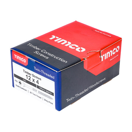 This is an image showing TIMCO Twin-Threaded Woodscrews - PZ - Double Countersunk - Zinc - 12 x 4 - 100 Pieces Box available from T.H Wiggans Ironmongery in Kendal, quick delivery at discounted prices.