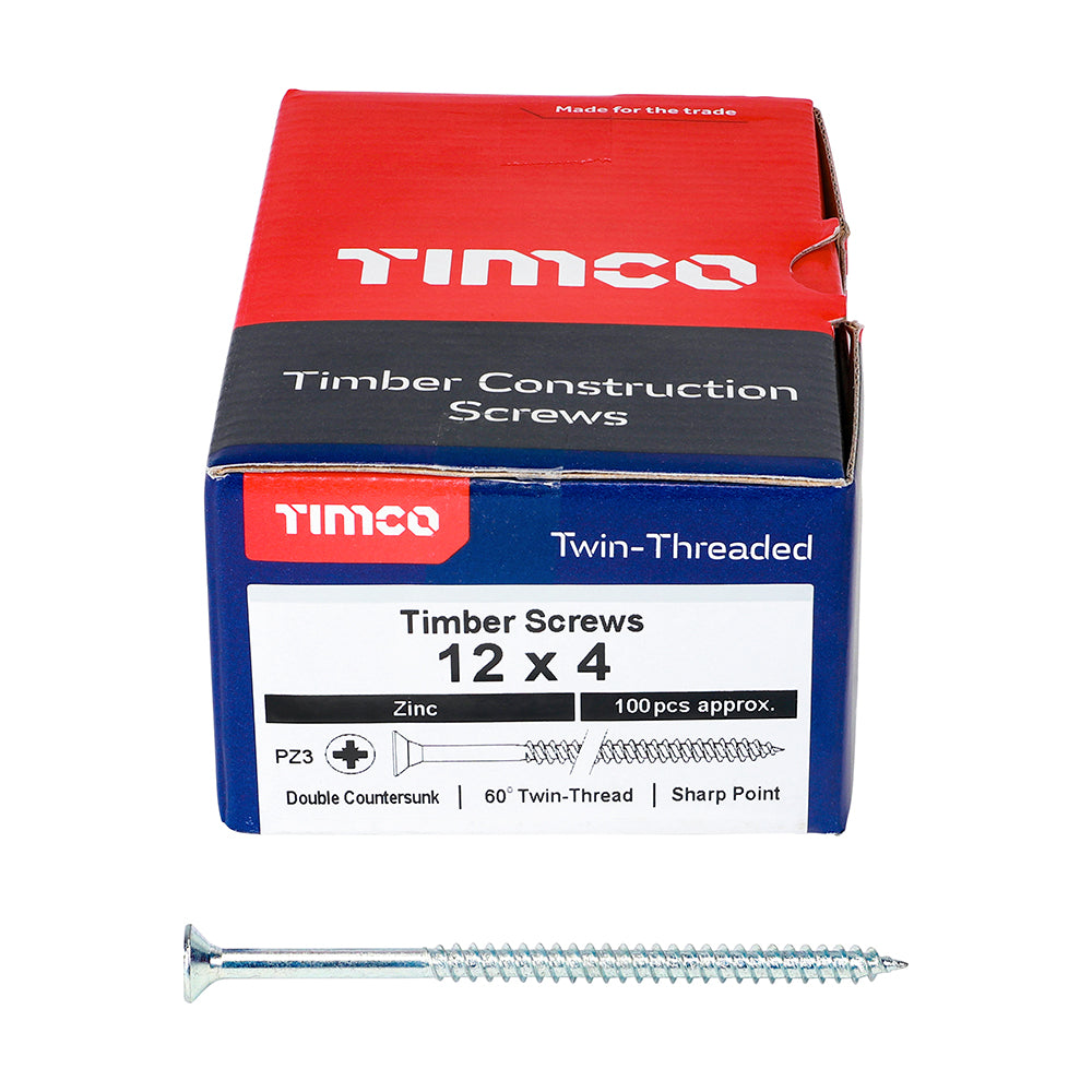 This is an image showing TIMCO Twin-Threaded Woodscrews - PZ - Double Countersunk - Zinc - 12 x 4 - 100 Pieces Box available from T.H Wiggans Ironmongery in Kendal, quick delivery at discounted prices.