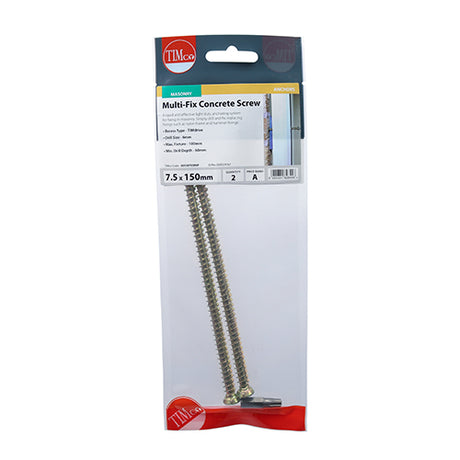 This is an image showing TIMCO Concrete Screws - TX - Flat Countersunk - Yellow - 7.5 x 150 - 2 Pieces TIMpac available from T.H Wiggans Ironmongery in Kendal, quick delivery at discounted prices.