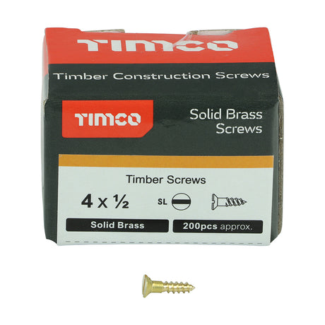 This is an image showing TIMCO Solid Brass Timber Screws - SLOT - Countersunk - 4 x 1/2 - 200 Pieces Box available from T.H Wiggans Ironmongery in Kendal, quick delivery at discounted prices.