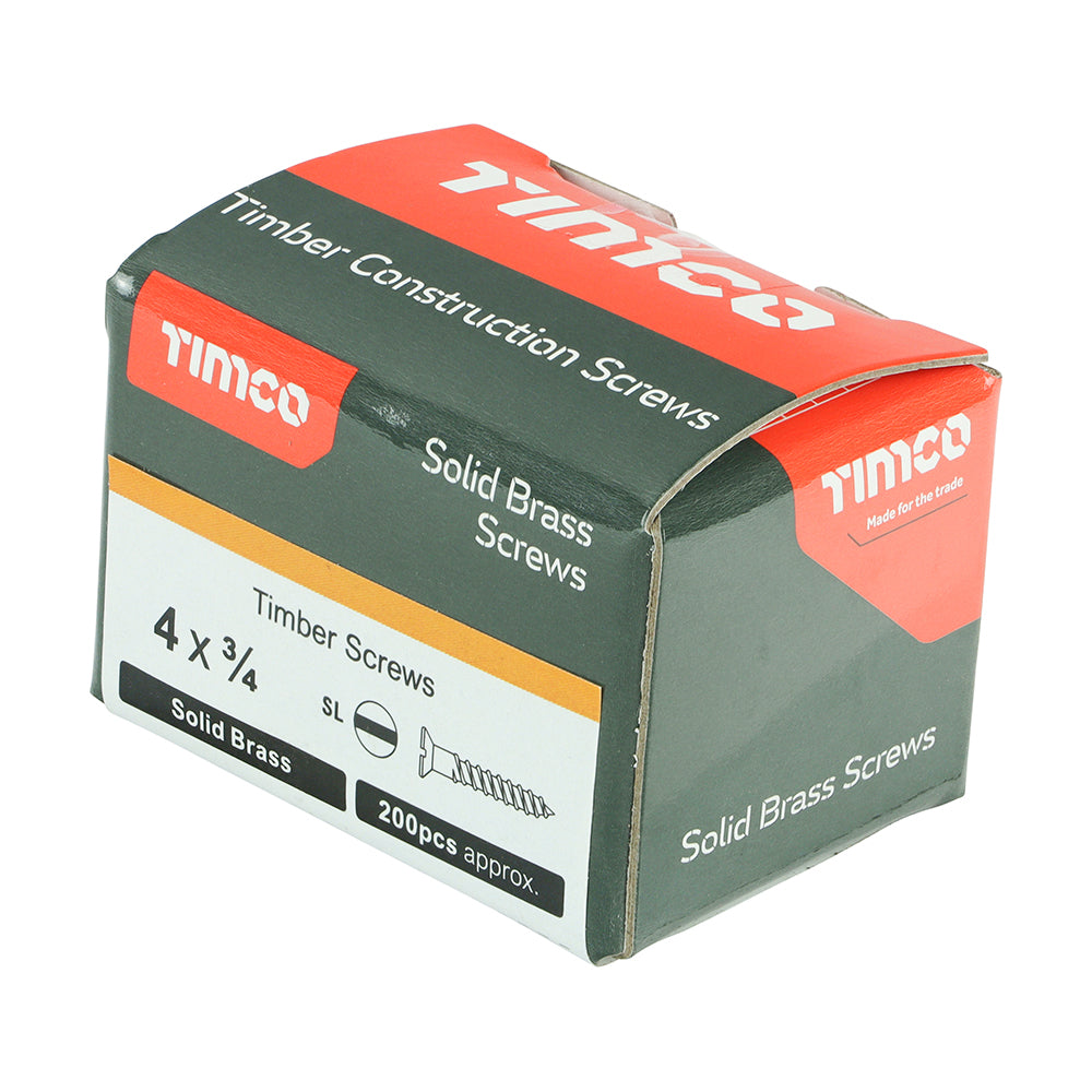 This is an image showing TIMCO Solid Brass Timber Screws - SLOT - Countersunk - 4 x 3/4 - 200 Pieces Box available from T.H Wiggans Ironmongery in Kendal, quick delivery at discounted prices.