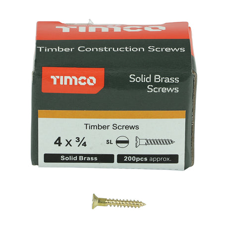 This is an image showing TIMCO Solid Brass Timber Screws - SLOT - Countersunk - 4 x 3/4 - 200 Pieces Box available from T.H Wiggans Ironmongery in Kendal, quick delivery at discounted prices.