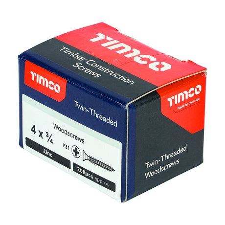 This is an image showing TIMCO Twin-Threaded Woodscrews - PZ - Double Countersunk - Zinc - 4 x 3/4 - 200 Pieces Box available from T.H Wiggans Ironmongery in Kendal, quick delivery at discounted prices.