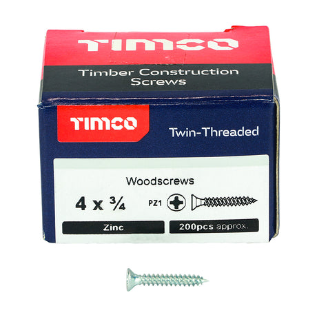 This is an image showing TIMCO Twin-Threaded Woodscrews - PZ - Double Countersunk - Zinc - 4 x 3/4 - 200 Pieces Box available from T.H Wiggans Ironmongery in Kendal, quick delivery at discounted prices.