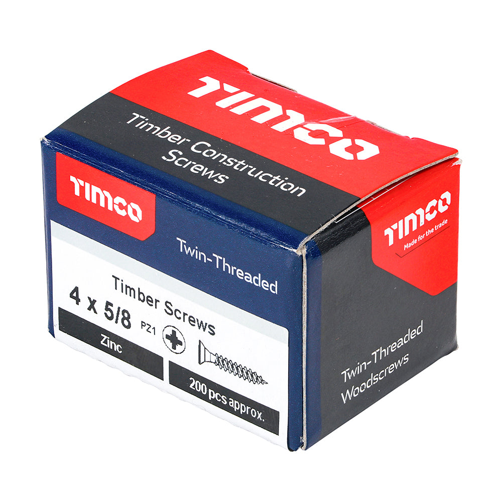 This is an image showing TIMCO Twin-Threaded Woodscrews - PZ - Double Countersunk - Zinc - 4 x 5/8 - 200 Pieces Box available from T.H Wiggans Ironmongery in Kendal, quick delivery at discounted prices.