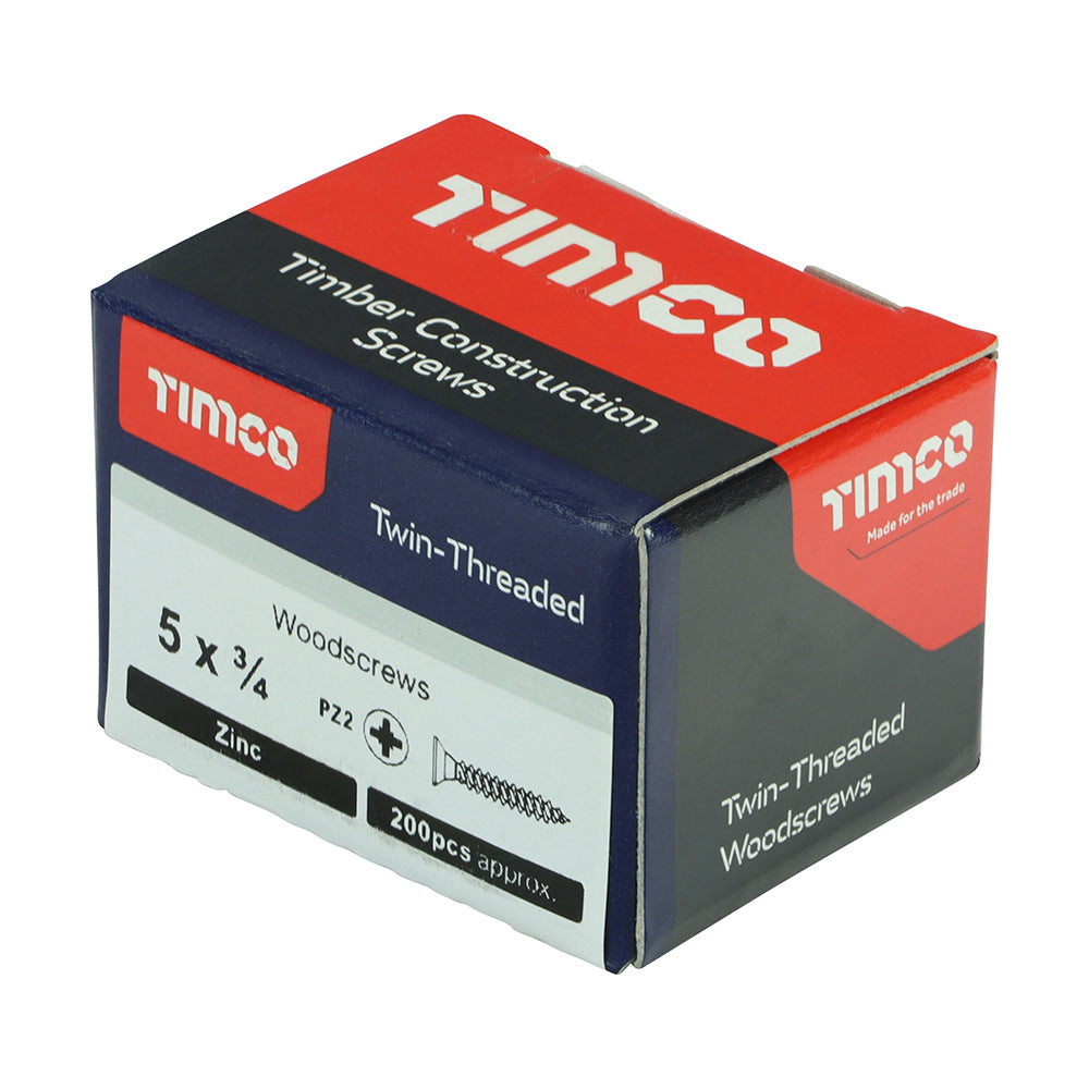 This is an image showing TIMCO Twin-Threaded Woodscrews - PZ - Double Countersunk - Zinc - 5 x 3/4 - 200 Pieces Box available from T.H Wiggans Ironmongery in Kendal, quick delivery at discounted prices.