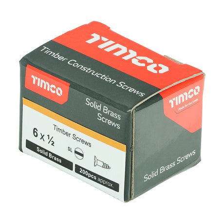 This is an image showing TIMCO Solid Brass Timber Screws - SLOT - Countersunk - 6 x 1/2 - 200 Pieces Box available from T.H Wiggans Ironmongery in Kendal, quick delivery at discounted prices.