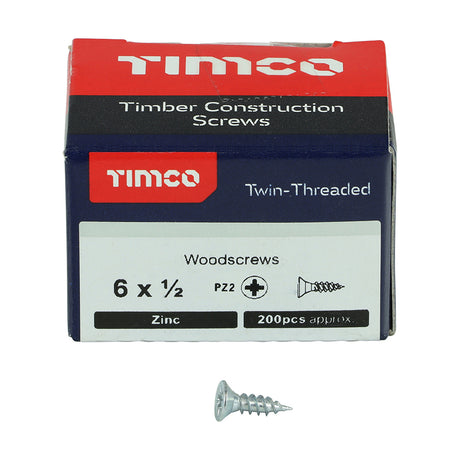 This is an image showing TIMCO Twin-Threaded Woodscrews - PZ - Double Countersunk - Zinc - 6 x 1/2 - 200 Pieces Box available from T.H Wiggans Ironmongery in Kendal, quick delivery at discounted prices.