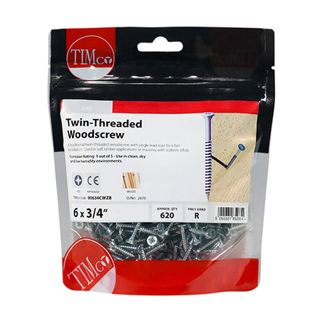 This is an image showing TIMCO Twin-Thread Woodscrews - PZ - Double Countersunk - Zinc - 6 x 3/4 - 620 Pieces TIMbag available from T.H Wiggans Ironmongery in Kendal, quick delivery at discounted prices.