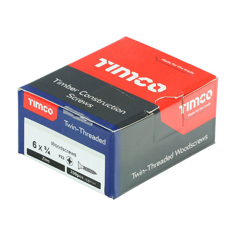 This is an image showing TIMCO Twin-Threaded Woodscrews - PZ - Double Countersunk - Zinc - 6 x 3/4 - 200 Pieces Box available from T.H Wiggans Ironmongery in Kendal, quick delivery at discounted prices.