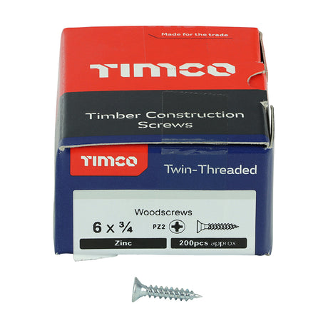 This is an image showing TIMCO Twin-Threaded Woodscrews - PZ - Double Countersunk - Zinc - 6 x 3/4 - 200 Pieces Box available from T.H Wiggans Ironmongery in Kendal, quick delivery at discounted prices.