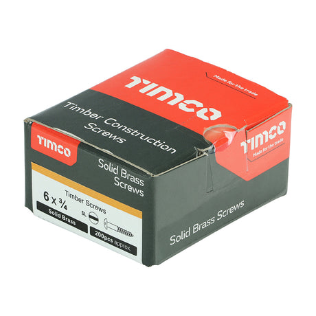 This is an image showing TIMCO Solid Brass Timber Screws - SLOT - Round - 6 x 3/4 - 200 Pieces Box available from T.H Wiggans Ironmongery in Kendal, quick delivery at discounted prices.