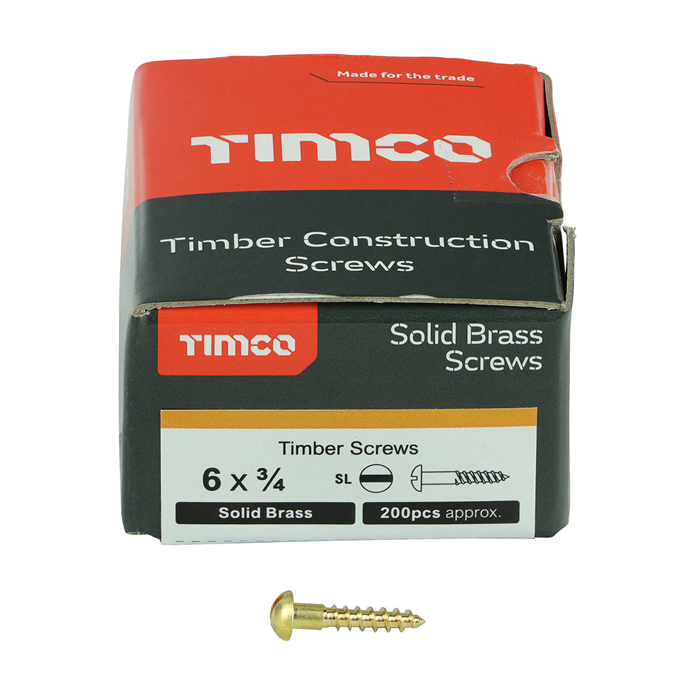 This is an image showing TIMCO Solid Brass Timber Screws - SLOT - Round - 6 x 3/4 - 200 Pieces Box available from T.H Wiggans Ironmongery in Kendal, quick delivery at discounted prices.