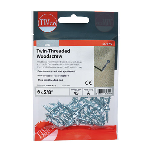 This is an image showing TIMCO Twin-Thread Woodscrews - PZ - Double Countersunk - Zinc - 6 x 5/8 - 45 Pieces TIMpac available from T.H Wiggans Ironmongery in Kendal, quick delivery at discounted prices.