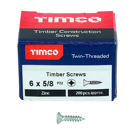 This is an image showing TIMCO Twin-Threaded Woodscrews - PZ - Double Countersunk - Zinc - 6 x 5/8 - 200 Pieces Box available from T.H Wiggans Ironmongery in Kendal, quick delivery at discounted prices.