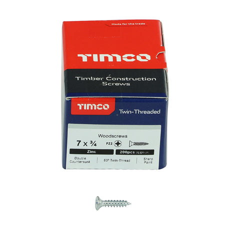 This is an image showing TIMCO Twin-Threaded Woodscrews - PZ - Double Countersunk - Zinc - 7 x 3/4 - 200 Pieces Box available from T.H Wiggans Ironmongery in Kendal, quick delivery at discounted prices.