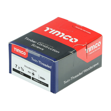 This is an image showing TIMCO Twin-Threaded Woodscrews - PZ - Double Countersunk - Zinc - 7 x 5/8 - 200 Pieces Box available from T.H Wiggans Ironmongery in Kendal, quick delivery at discounted prices.