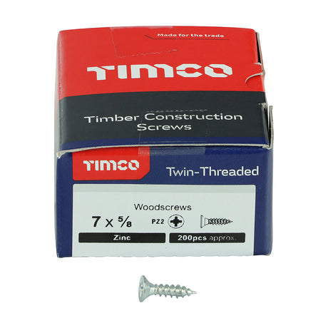 This is an image showing TIMCO Twin-Threaded Woodscrews - PZ - Double Countersunk - Zinc - 7 x 5/8 - 200 Pieces Box available from T.H Wiggans Ironmongery in Kendal, quick delivery at discounted prices.