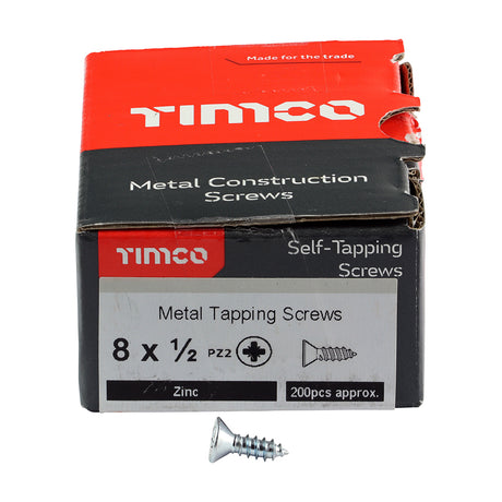 This is an image showing TIMCO Metal Tapping Screws - PZ - Countersunk - Self-Tapping - Zinc - 8 x 1/2 - 200 Pieces Box available from T.H Wiggans Ironmongery in Kendal, quick delivery at discounted prices.