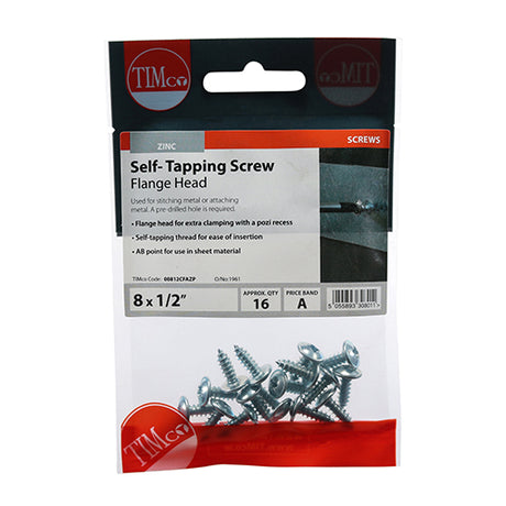 This is an image showing TIMCO Self-Tapping Screws - PZ - Flange Head - Zinc - 8 x 1/2 - 16 Pieces TIMpac available from T.H Wiggans Ironmongery in Kendal, quick delivery at discounted prices.