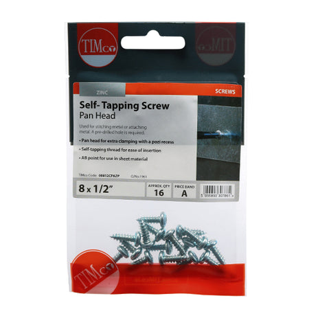 This is an image showing TIMCO Self-Tapping Screws - PZ - Pan - Zinc - 8 x 1/2 - 16 Pieces TIMpac available from T.H Wiggans Ironmongery in Kendal, quick delivery at discounted prices.