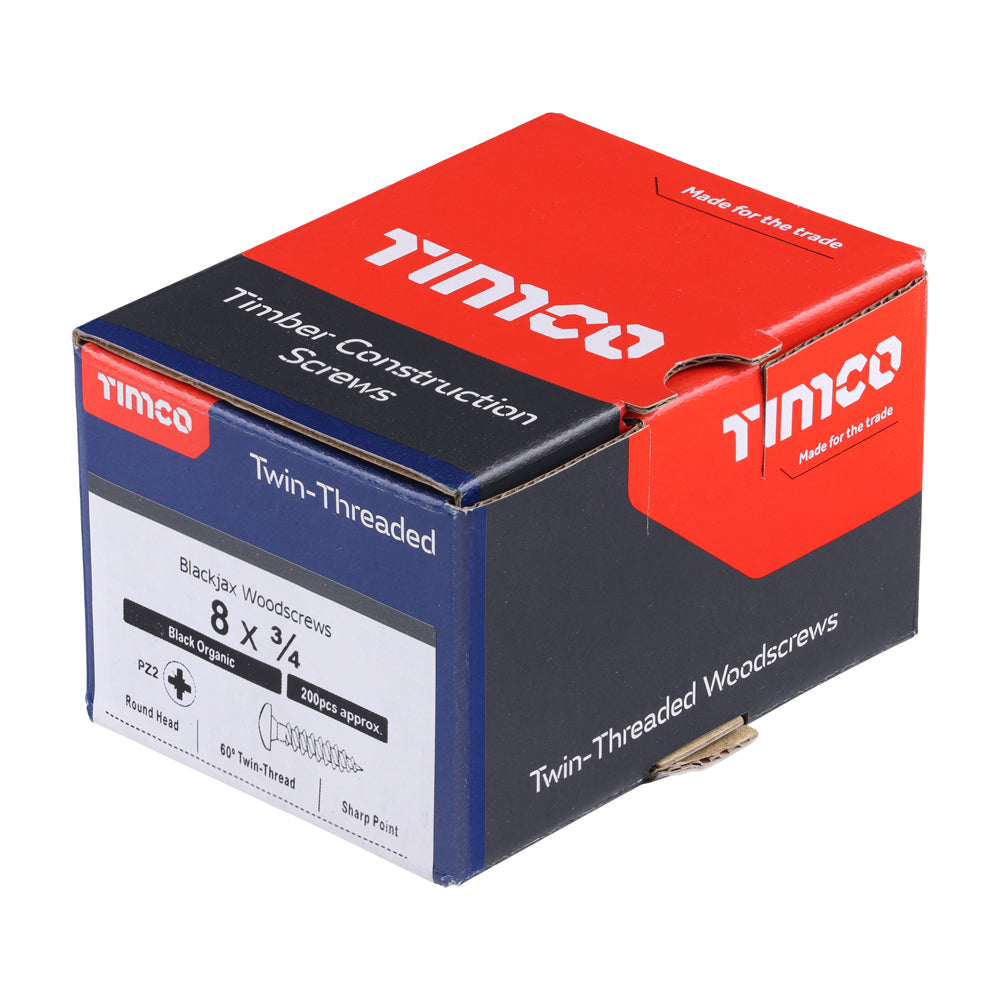 This is an image showing TIMCO Blackjax Woodscrews - PZ - Round - Black Organic - 8 x 3/4 - 200 Pieces Box available from T.H Wiggans Ironmongery in Kendal, quick delivery at discounted prices.