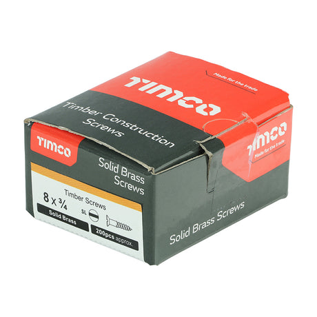 This is an image showing TIMCO Solid Brass Timber Screws - SLOT - Countersunk - 8 x 3/4 - 200 Pieces Box available from T.H Wiggans Ironmongery in Kendal, quick delivery at discounted prices.