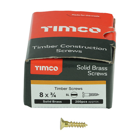 This is an image showing TIMCO Solid Brass Timber Screws - SLOT - Countersunk - 8 x 3/4 - 200 Pieces Box available from T.H Wiggans Ironmongery in Kendal, quick delivery at discounted prices.