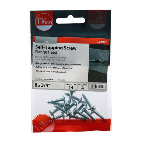 This is an image showing TIMCO Self-Tapping Screws - PZ - Flange Head - Zinc - 8 x 3/4 - 14 Pieces TIMpac available from T.H Wiggans Ironmongery in Kendal, quick delivery at discounted prices.