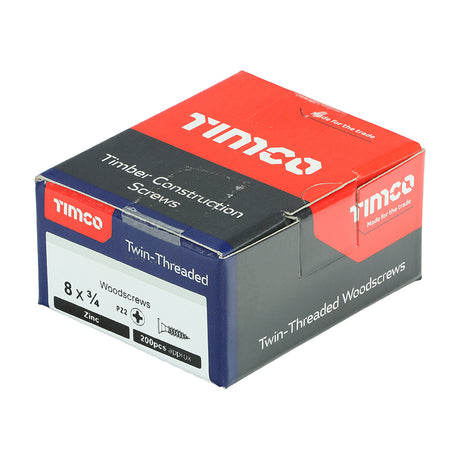 This is an image showing TIMCO Twin-Threaded Woodscrews - PZ - Double Countersunk - Zinc - 8 x 3/4 - 200 Pieces Box available from T.H Wiggans Ironmongery in Kendal, quick delivery at discounted prices.