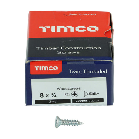 This is an image showing TIMCO Twin-Threaded Woodscrews - PZ - Double Countersunk - Zinc - 8 x 3/4 - 200 Pieces Box available from T.H Wiggans Ironmongery in Kendal, quick delivery at discounted prices.