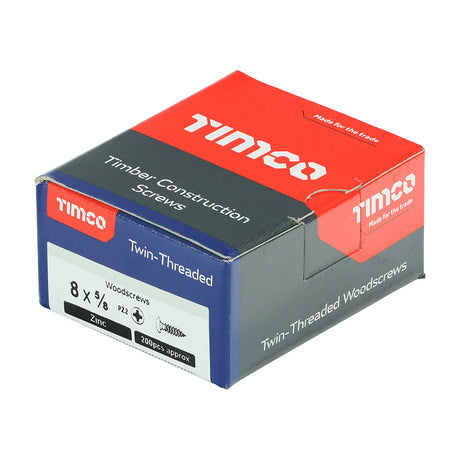 This is an image showing TIMCO Twin-Threaded Woodscrews - PZ - Round - Zinc - 8 x 5/8 - 200 Pieces Box available from T.H Wiggans Ironmongery in Kendal, quick delivery at discounted prices.