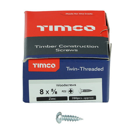 This is an image showing TIMCO Twin-Threaded Woodscrews - PZ - Round - Zinc - 8 x 5/8 - 200 Pieces Box available from T.H Wiggans Ironmongery in Kendal, quick delivery at discounted prices.