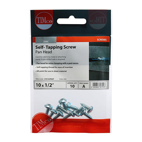 This is an image showing TIMCO Self-Tapping Screws - PZ - Pan - Zinc - 10 x 1/2 - 10 Pieces TIMpac available from T.H Wiggans Ironmongery in Kendal, quick delivery at discounted prices.