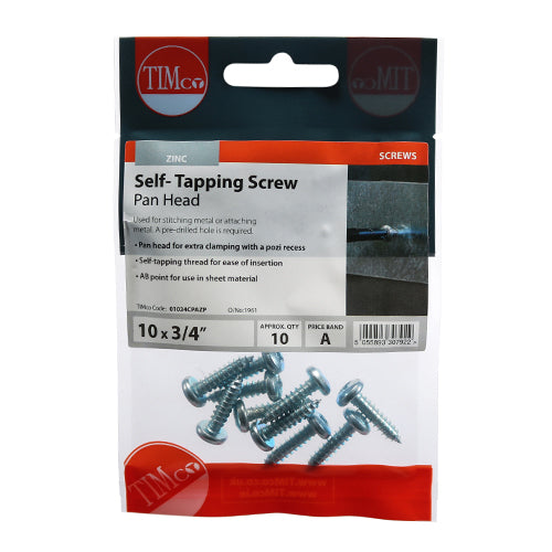 This is an image showing TIMCO Self-Tapping Screws - PZ - Pan - Zinc - 10 x 3/4 - 10 Pieces TIMpac available from T.H Wiggans Ironmongery in Kendal, quick delivery at discounted prices.