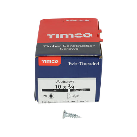 This is an image showing TIMCO Twin-Threaded Woodscrews - PZ - Double Countersunk - Zinc - 10 x 3/4 - 200 Pieces Box available from T.H Wiggans Ironmongery in Kendal, quick delivery at discounted prices.