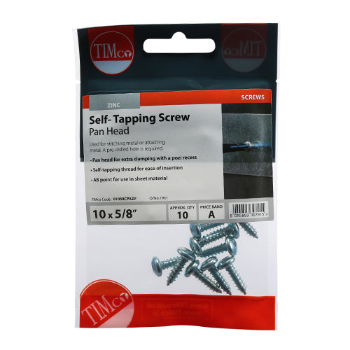 This is an image showing TIMCO Self-Tapping Screws - PZ - Pan - Zinc - 10 x 5/8 - 10 Pieces TIMpac available from T.H Wiggans Ironmongery in Kendal, quick delivery at discounted prices.