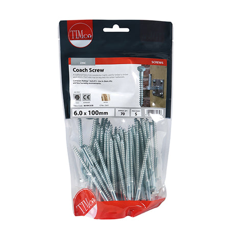 This is an image showing TIMCO Coach Screws - Hex - Zinc - 6.0 x 100 - 70 Pieces TIMbag available from T.H Wiggans Ironmongery in Kendal, quick delivery at discounted prices.