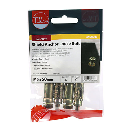 This is an image showing TIMCO Shield Anchor Loose Bolts - Yellow - M6:10L (M6 x 50) - 4 Pieces TIMpac available from T.H Wiggans Ironmongery in Kendal, quick delivery at discounted prices.