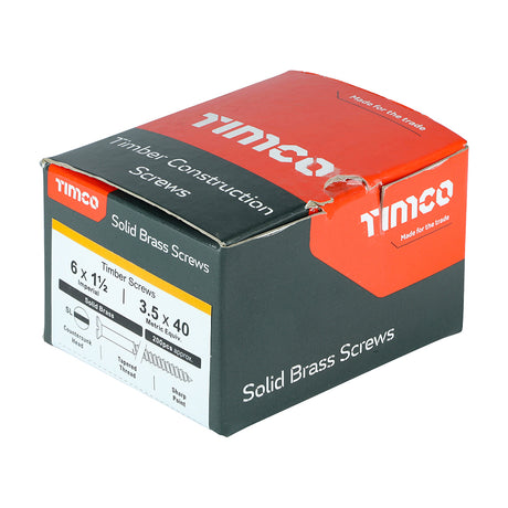 This is an image showing TIMCO Solid Brass Timber Screws - SLOT - Countersunk - 6 x 1 1/2 - 200 Pieces Box available from T.H Wiggans Ironmongery in Kendal, quick delivery at discounted prices.