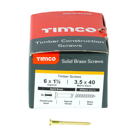 This is an image showing TIMCO Solid Brass Timber Screws - SLOT - Countersunk - 6 x 1 1/2 - 200 Pieces Box available from T.H Wiggans Ironmongery in Kendal, quick delivery at discounted prices.