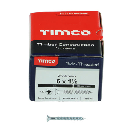 This is an image showing TIMCO Twin-Threaded Woodscrews - PZ - Double Countersunk - Zinc - 6 x 1 1/2 - 200 Pieces Box available from T.H Wiggans Ironmongery in Kendal, quick delivery at discounted prices.