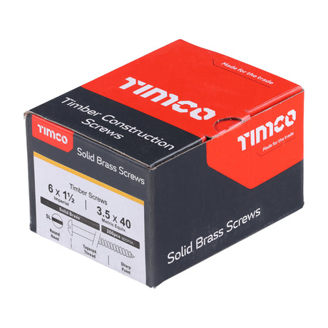 This is an image showing TIMCO Solid Brass Timber Screws - SLOT - Round - 6 x 1 1/2 - 200 Pieces Box available from T.H Wiggans Ironmongery in Kendal, quick delivery at discounted prices.