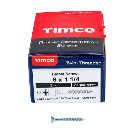 This is an image showing TIMCO Twin-Threaded Woodscrews - PZ - Double Countersunk - Zinc - 6 x 1 1/4 - 200 Pieces Box available from T.H Wiggans Ironmongery in Kendal, quick delivery at discounted prices.