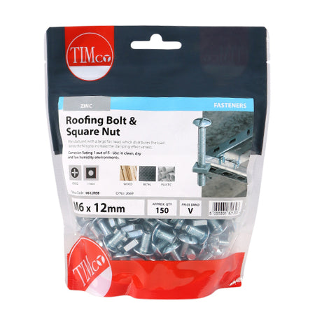 This is an image showing TIMCO Roofing Bolts & Square Nuts - Zinc - M6 x 12 - 150 Pieces TIMbag available from T.H Wiggans Ironmongery in Kendal, quick delivery at discounted prices.