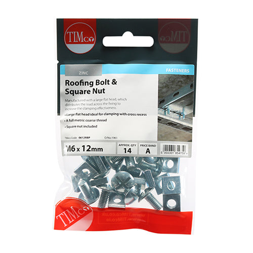 This is an image showing TIMCO Roofing Bolts & Square Nuts - Zinc - M6 x 12 - 14 Pieces TIMpac available from T.H Wiggans Ironmongery in Kendal, quick delivery at discounted prices.